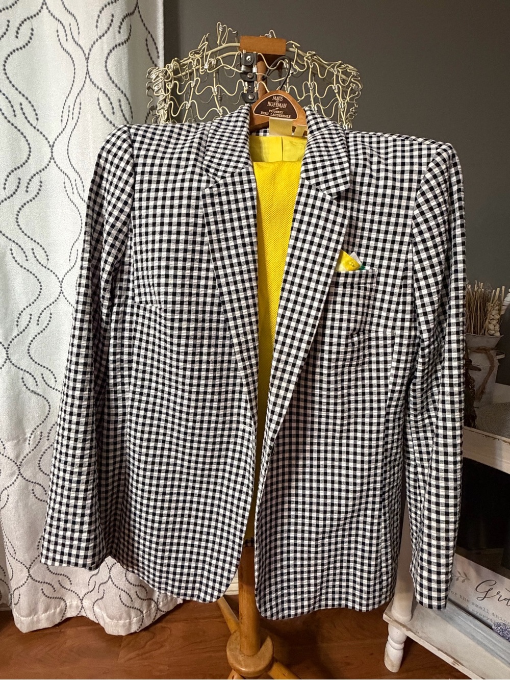 Rafaella Weekend 2 Piece Pant Suit XL Blazer + Pants Gingham Seersucker Yellow P
